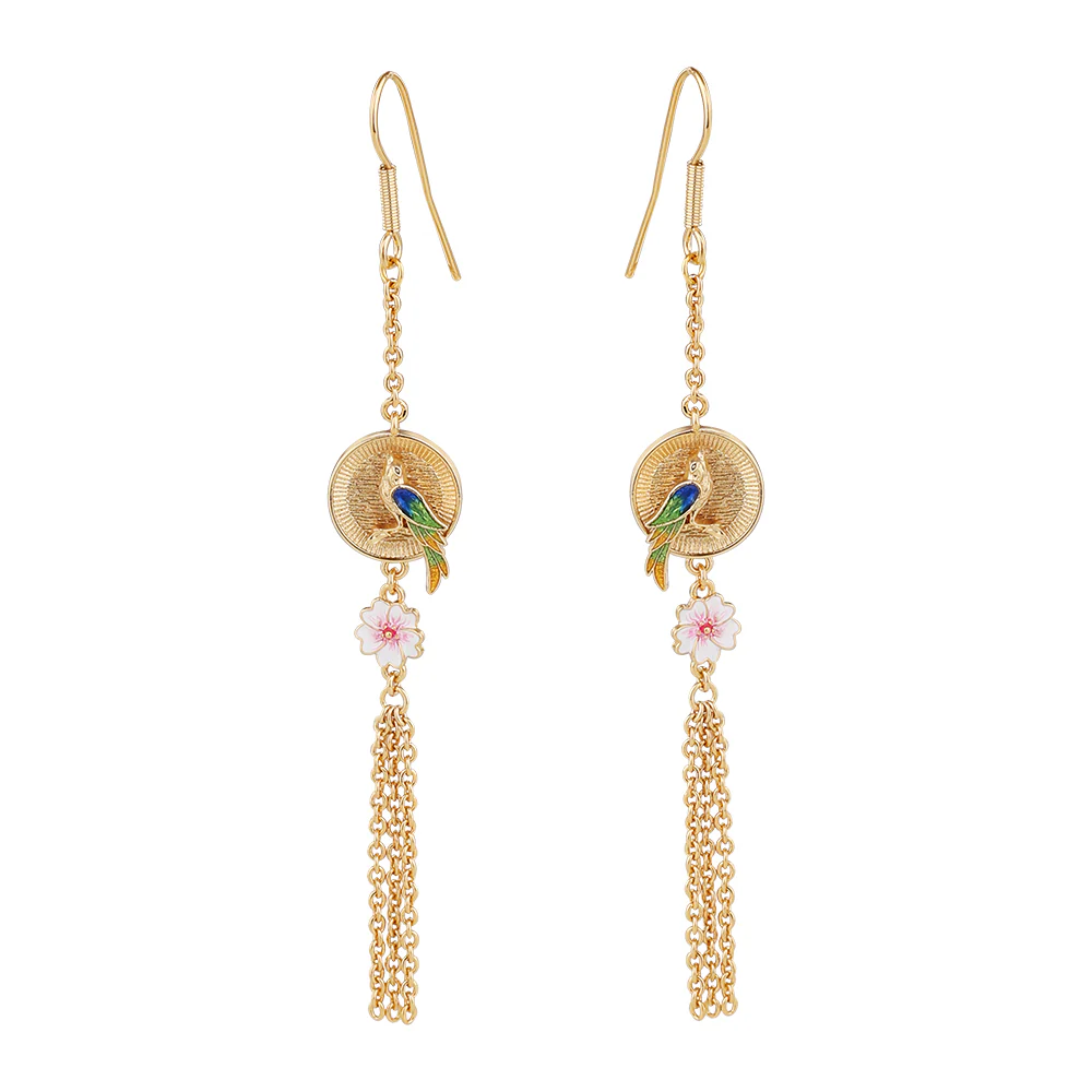Gold Plated Bird with Pink Flower Earrings