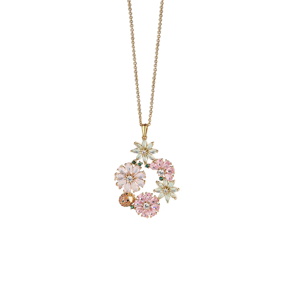 Gold Plated Pink & Green Floral Pendant