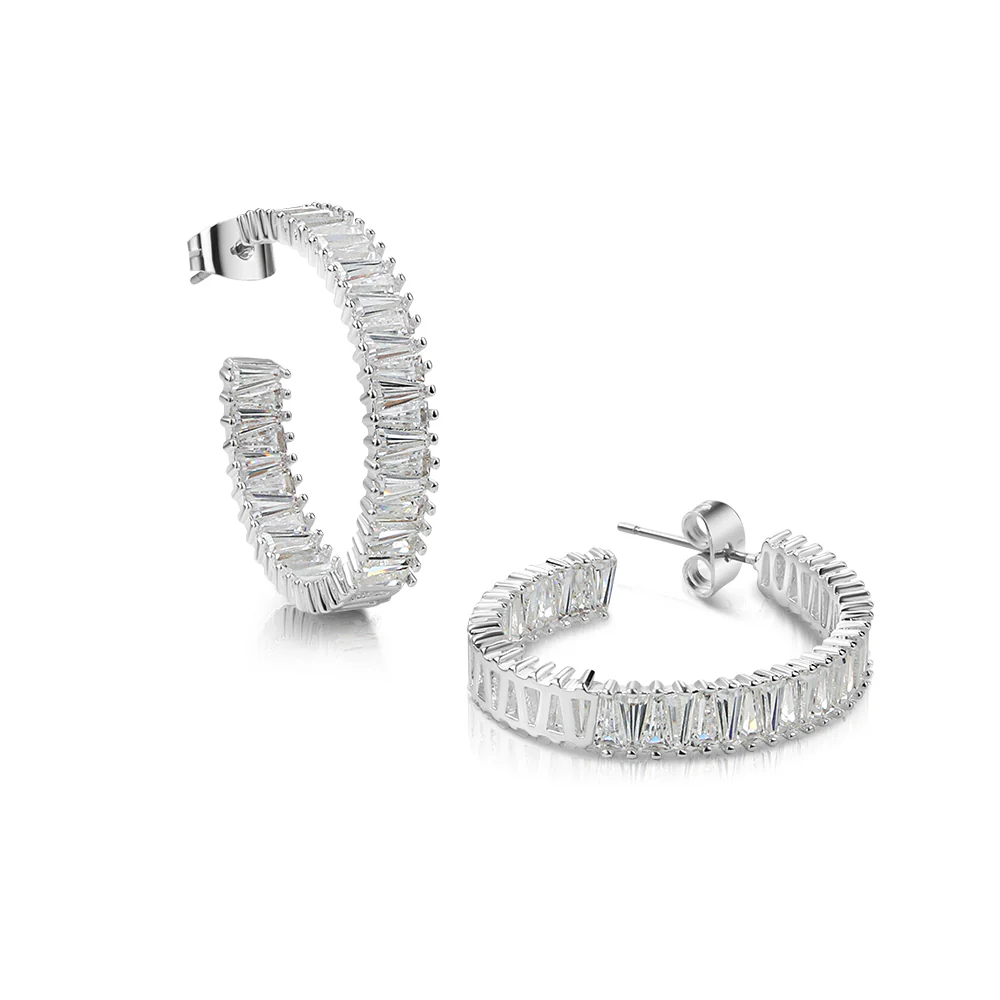 Silver Plated Baguette CZ Hoop Earrings